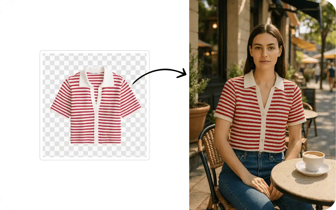 Transformation from flat-lay striped cardigan to model wearing it